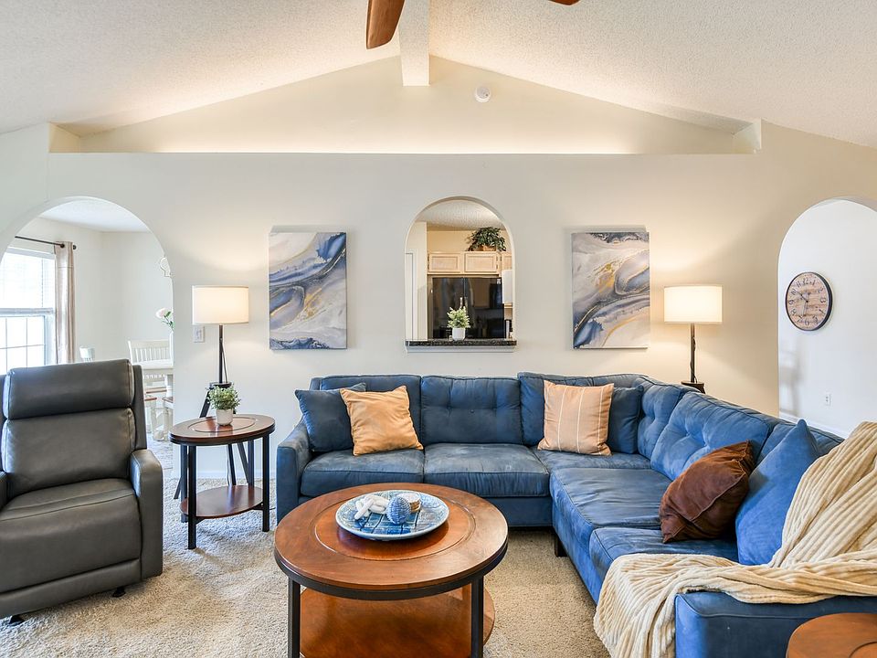 Spacious living room with vaulted ceilings